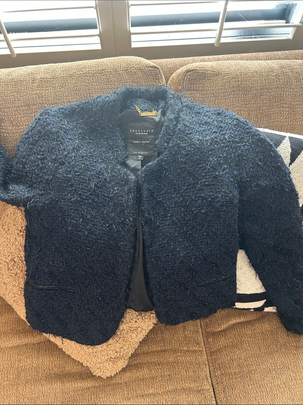 Sanctuary Navy Bouclé Collarless Cropped Blazer